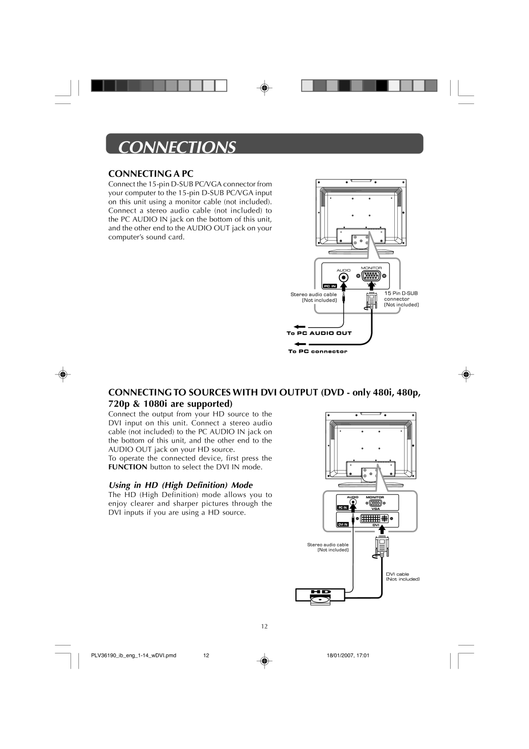 Venturer PLV36190S5W owner manual Connecting a PC, Using in HD High Definition Mode 