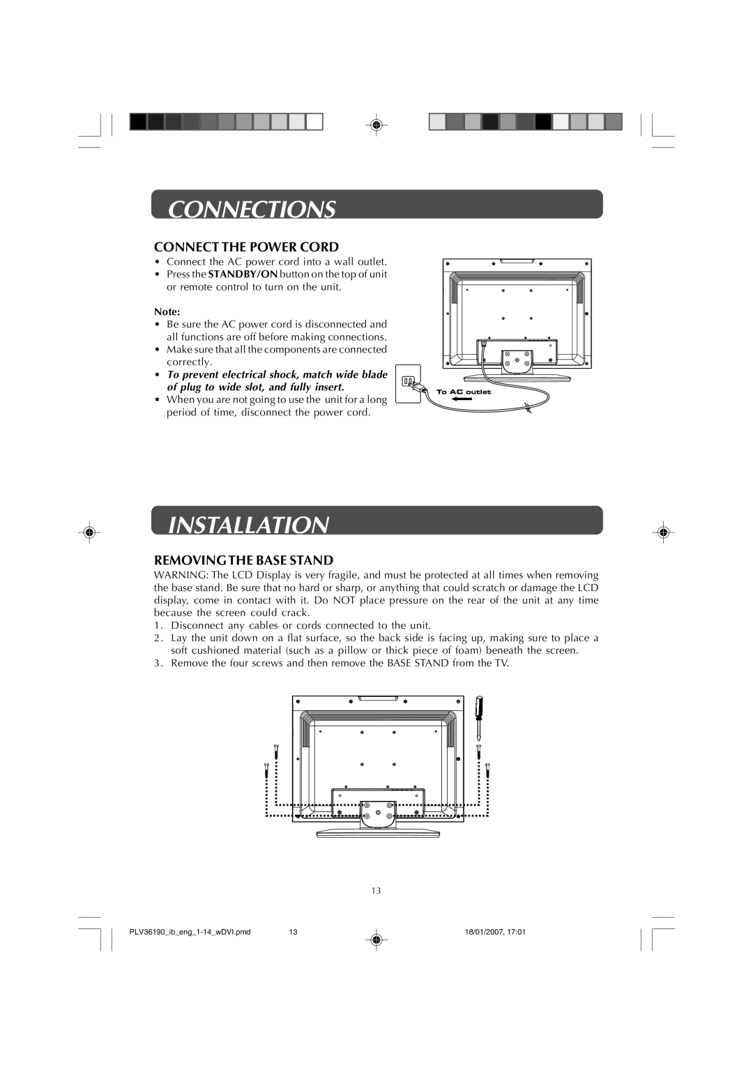 Venturer PLV36190S5W owner manual Installation, Connect the Power Cord, Removingthe Base Stand 