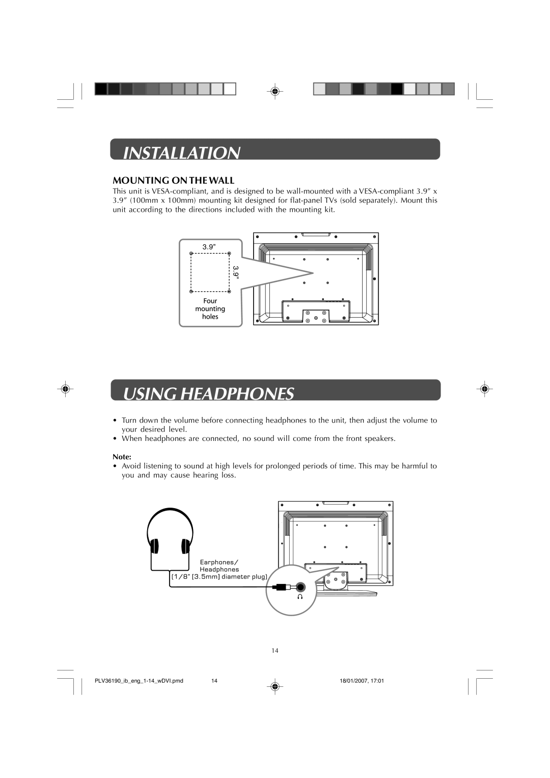 Venturer PLV36190S5W owner manual Using Headphones, Mounting on the Wall 