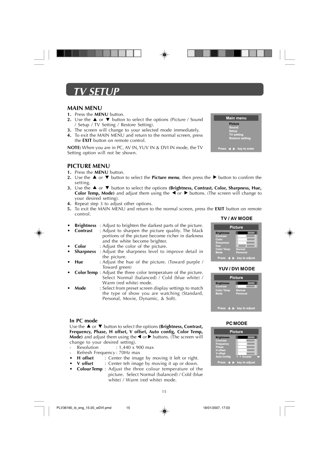 Venturer PLV36190S5W owner manual TV Setup, Main Menu, Picture Menu, Offset 