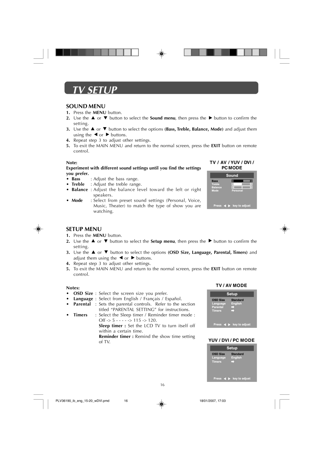 Venturer PLV36190S5W owner manual Sound Menu, Setup Menu 