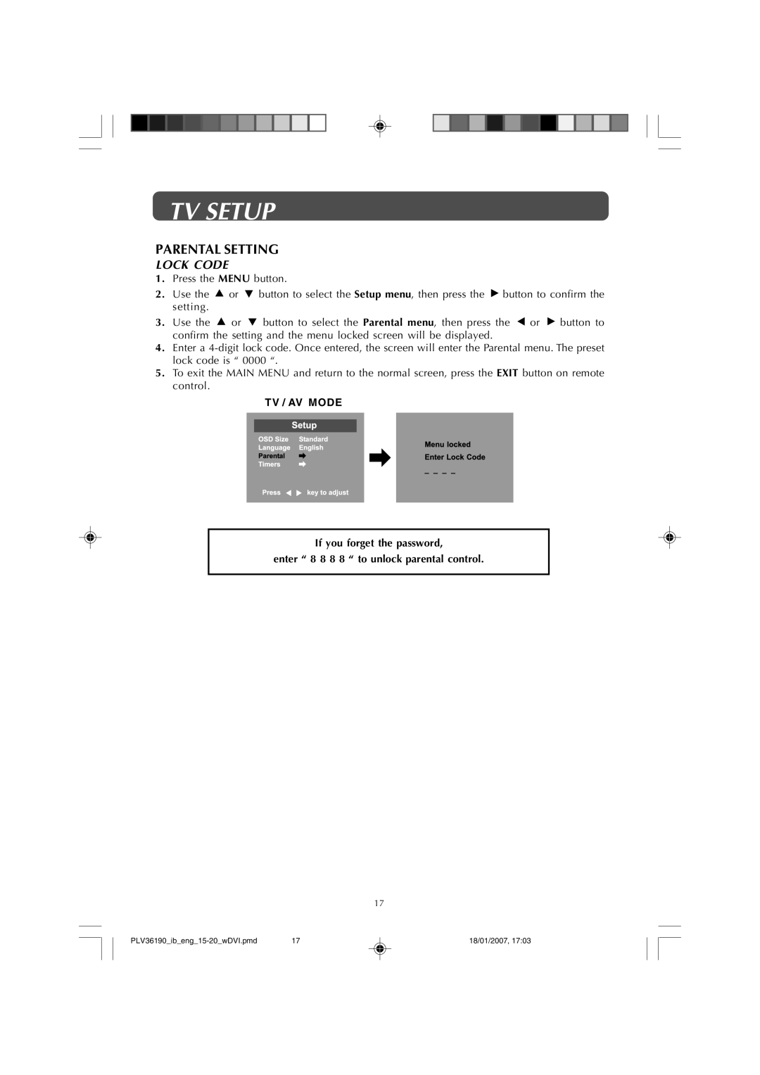 Venturer PLV36190S5W owner manual Parental Setting, Lock Code 