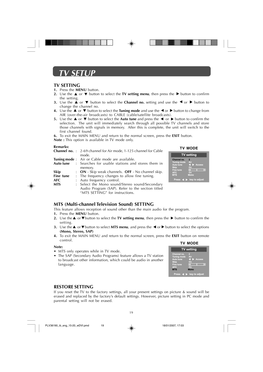 Venturer PLV36190S5W owner manual TV Setting, Restore Setting 