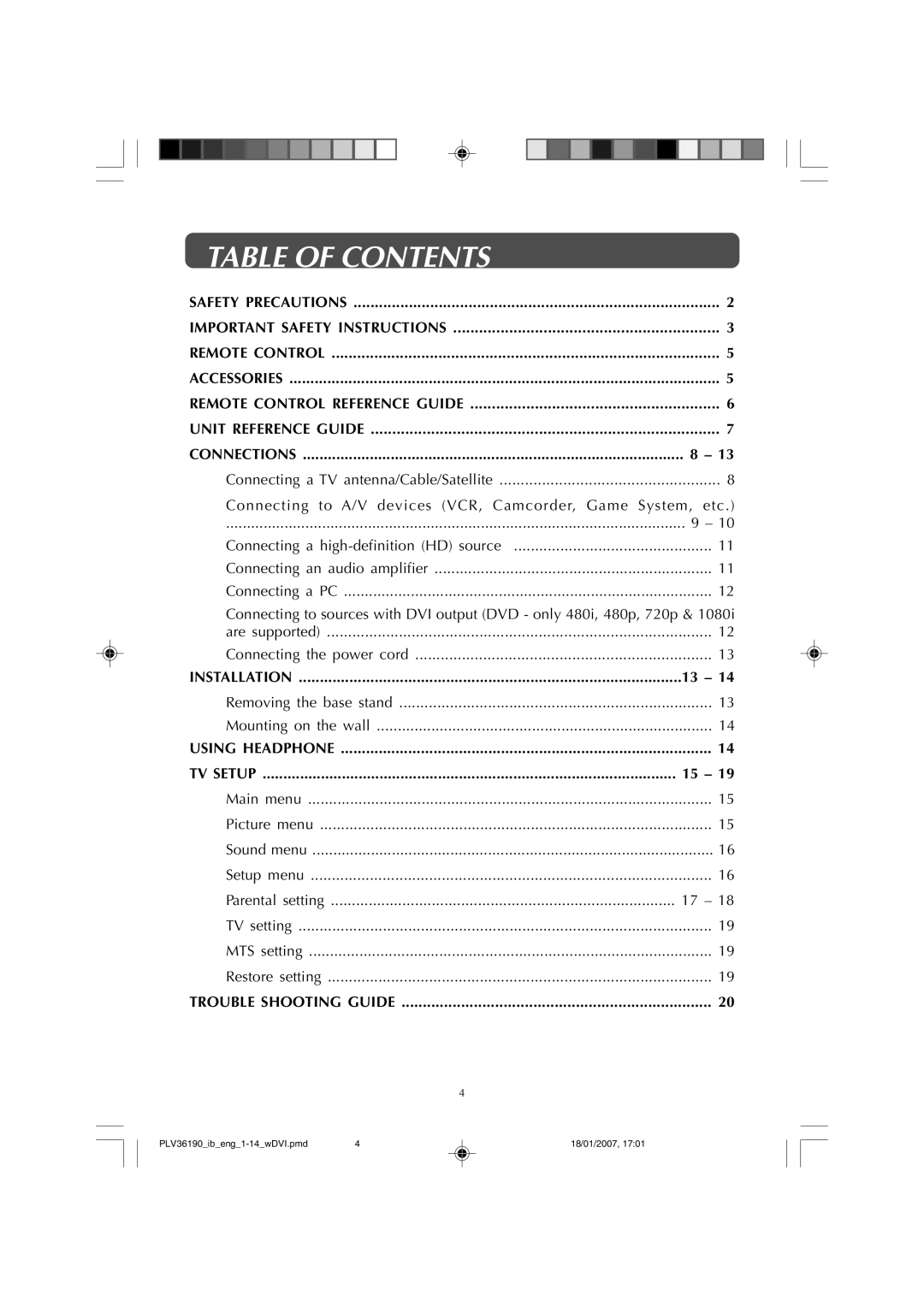 Venturer PLV36190S5W owner manual Table of Contents 