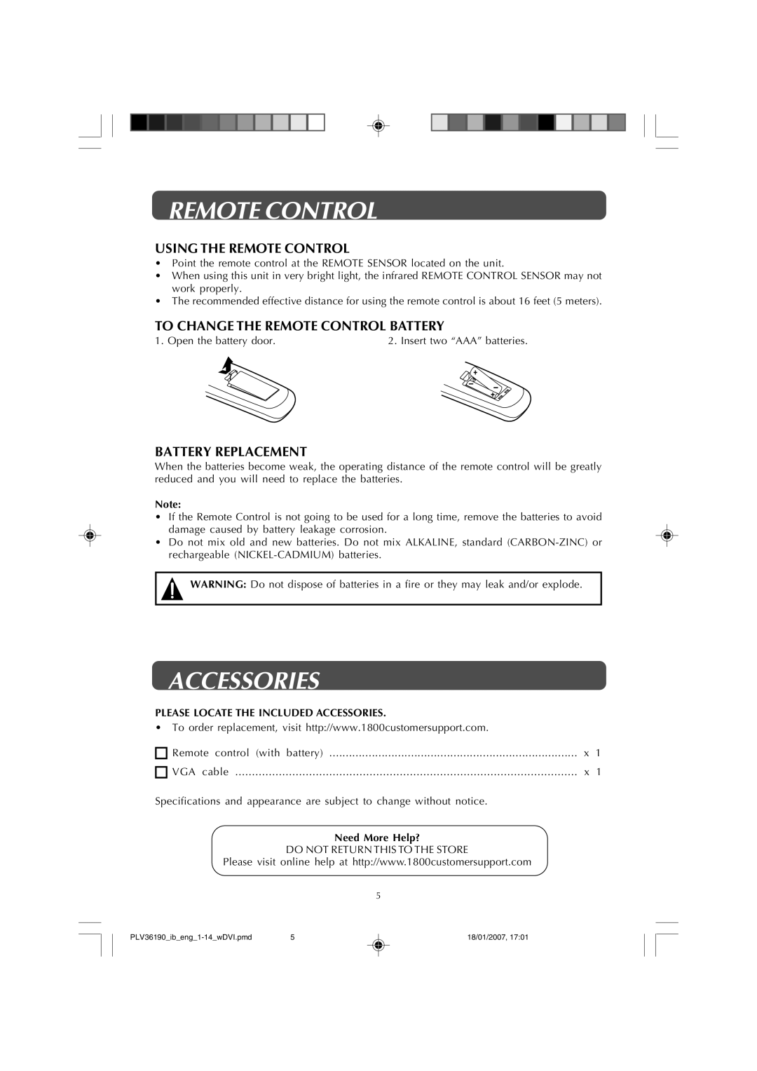 Venturer PLV36190S5W Accessories, Using the Remote Control, To Change the Remote Control Battery, Battery Replacement 