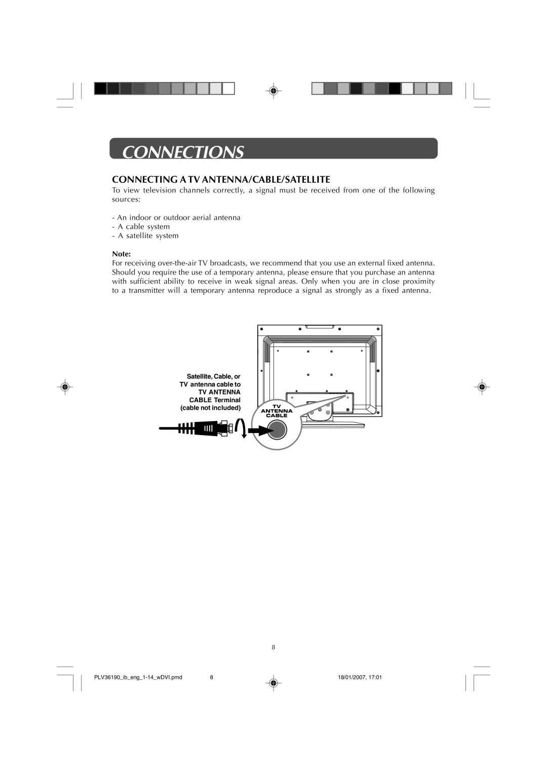 Venturer PLV36190S5W owner manual Connections, Connecting a TV ANTENNA/CABLE/SATELLITE 