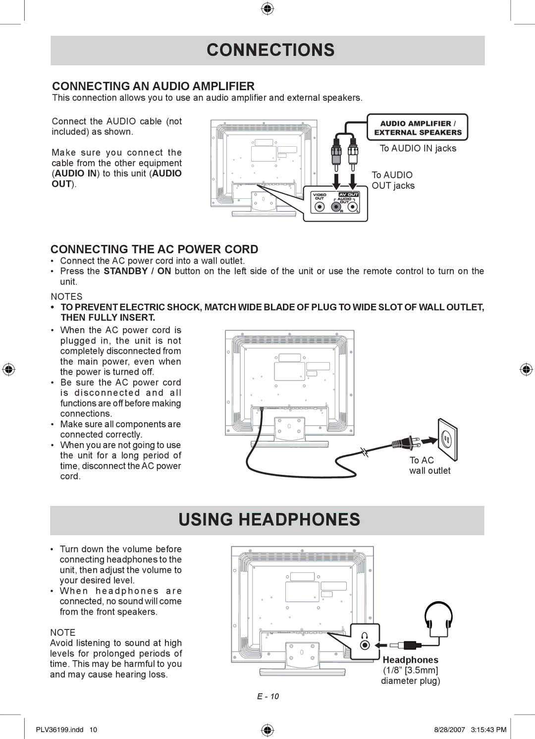 Venturer PLV36199S1 manual Using Headphones, Connecting AN Audio Amplifier, Connecting the AC Power Cord 