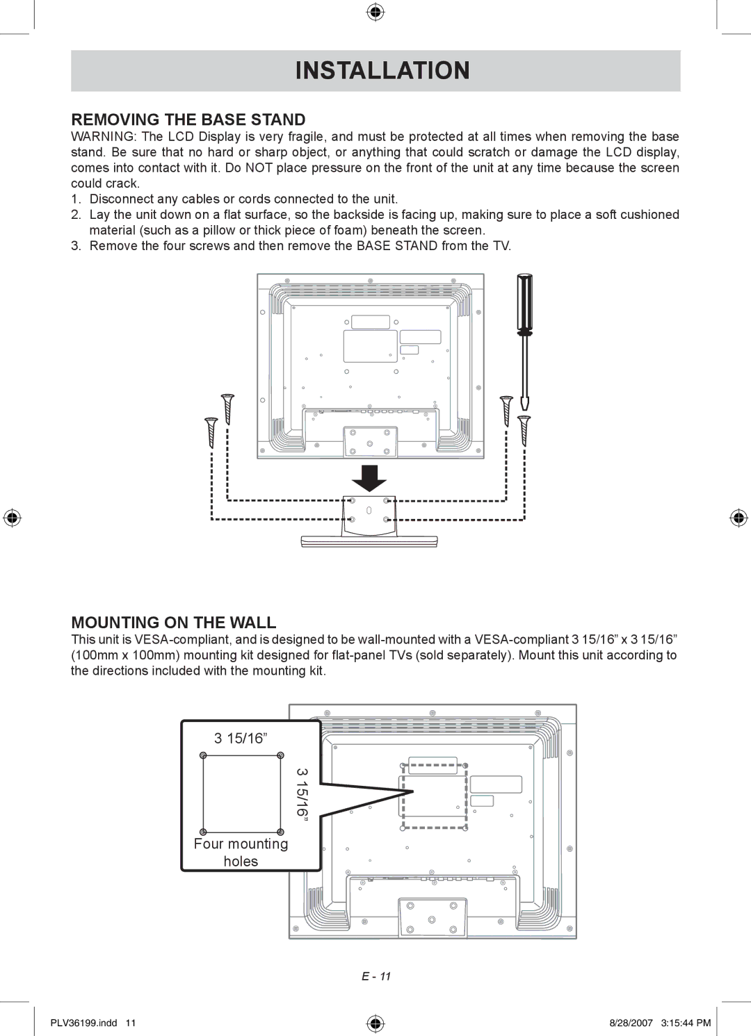 Venturer PLV36199S1 manual Installation, Removing the Base Stand, Mounting on the Wall 