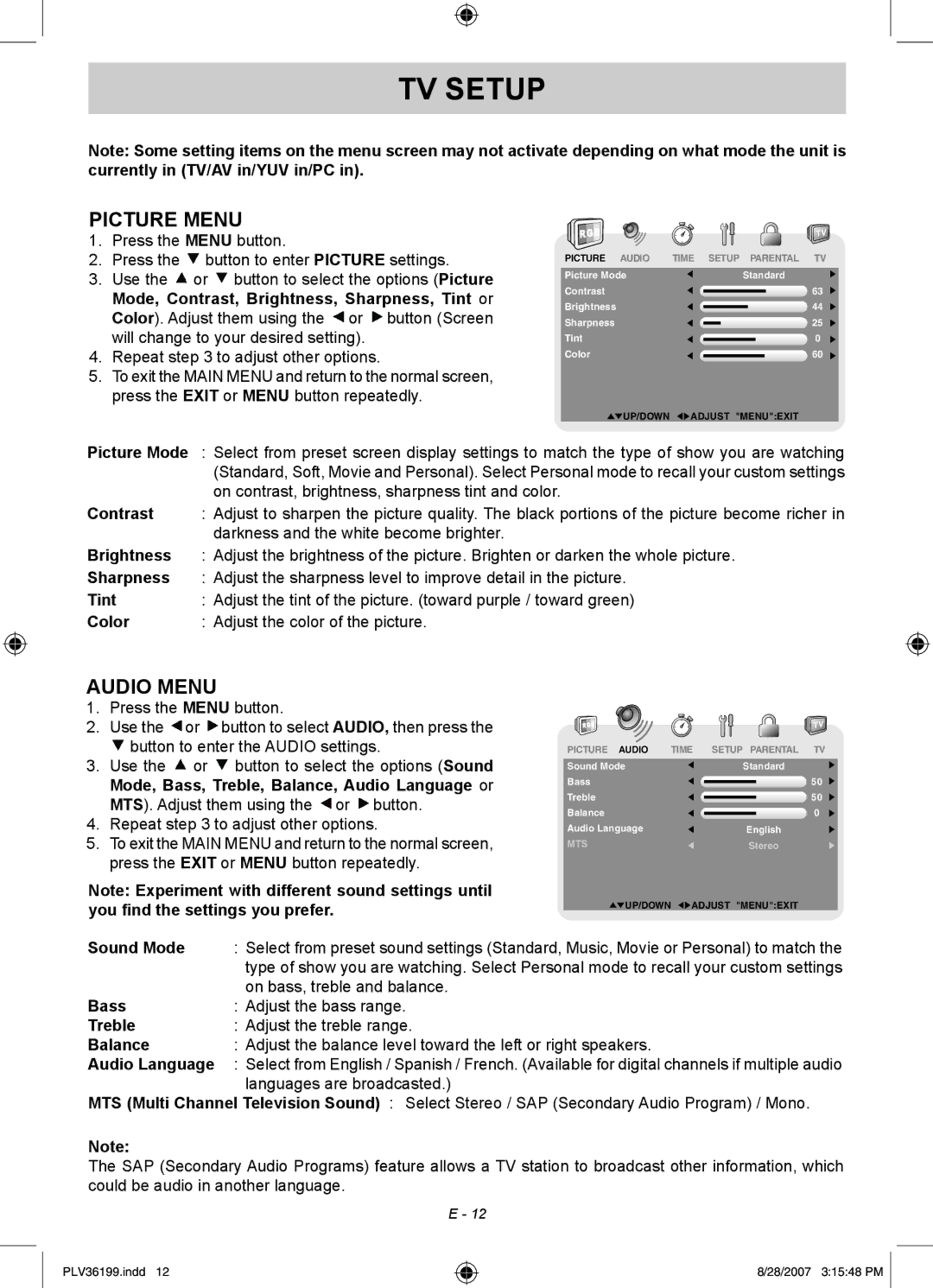 Venturer PLV36199S1 manual TV Setup, Picture Menu, Audio Menu 