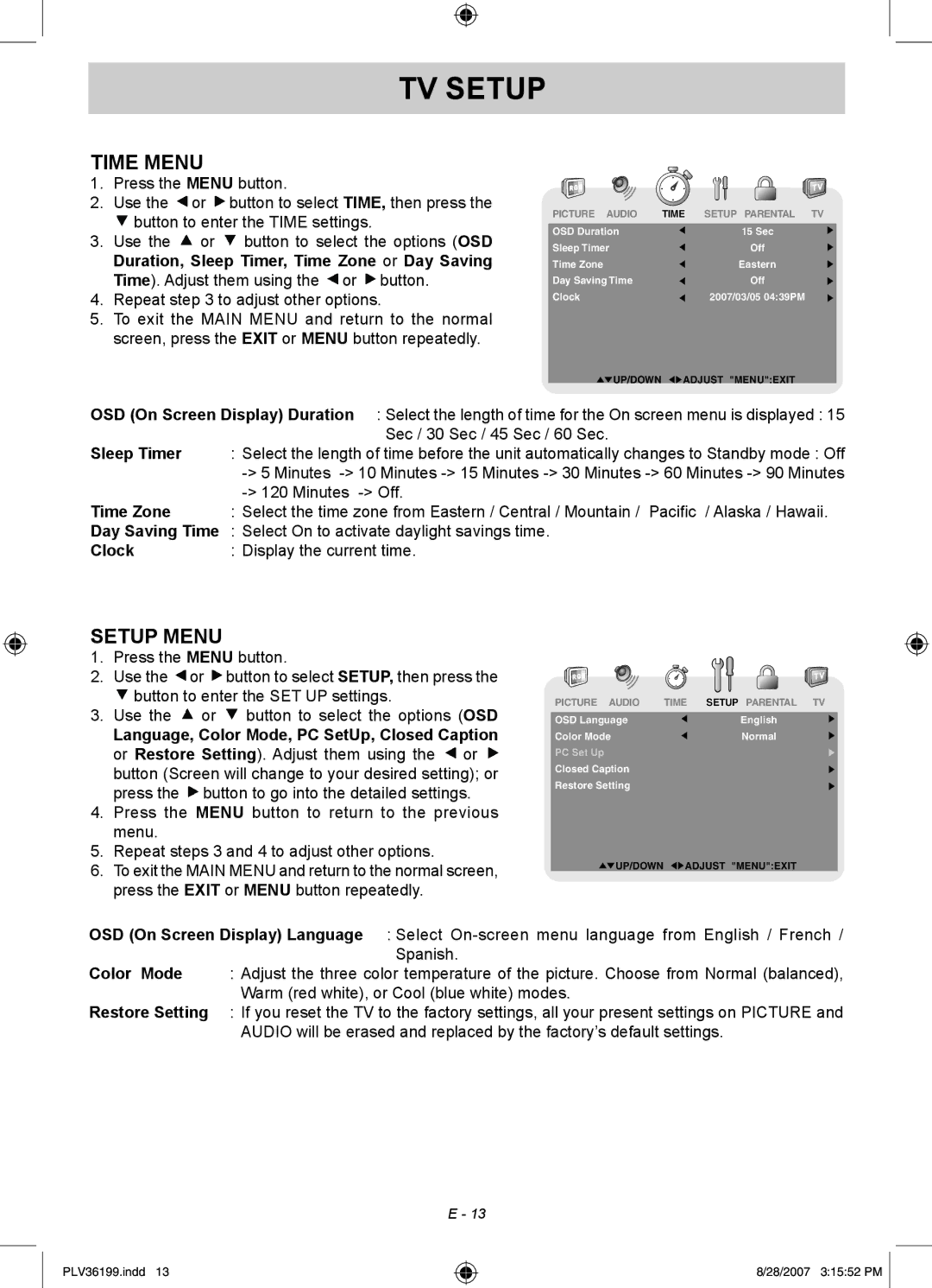 Venturer PLV36199S1 manual Time Menu, Setup Menu 