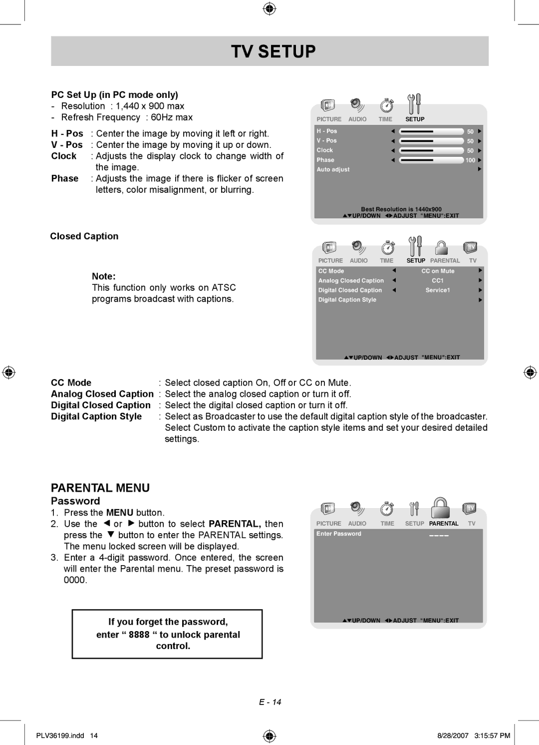 Venturer PLV36199S1 manual Parental Menu 