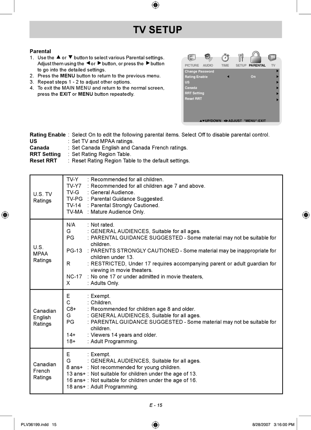 Venturer PLV36199S1 manual Parental, Canada, RRT Setting, Reset RRT 