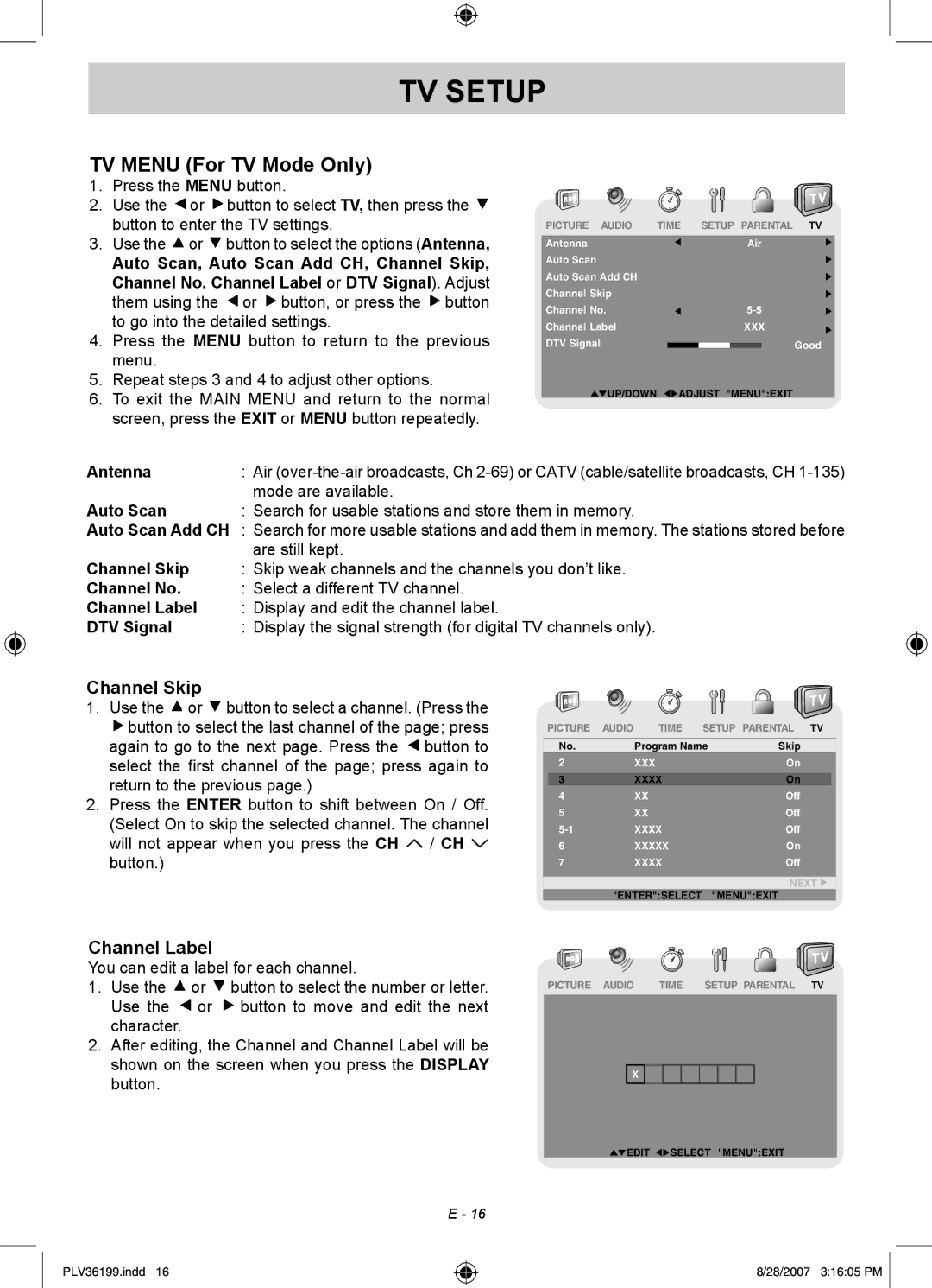 Venturer PLV36199S1 manual Antenna, Auto Scan, Channel Skip, Channel No, Channel Label, DTV Signal 