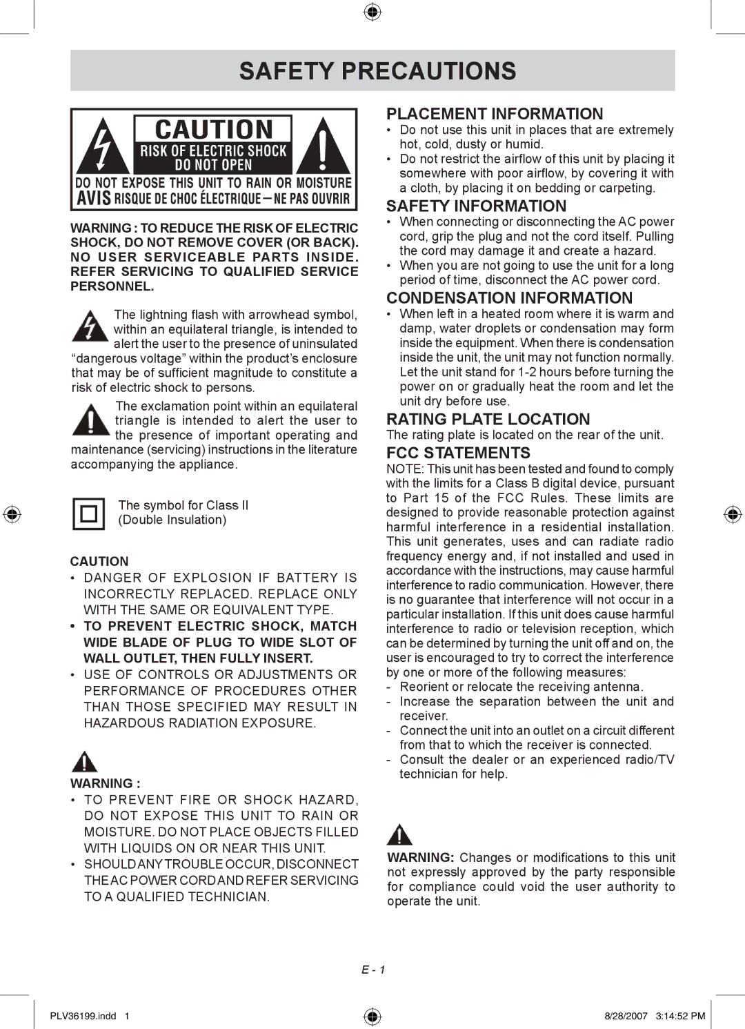 Venturer PLV36199S1 manual Safety Precautions 