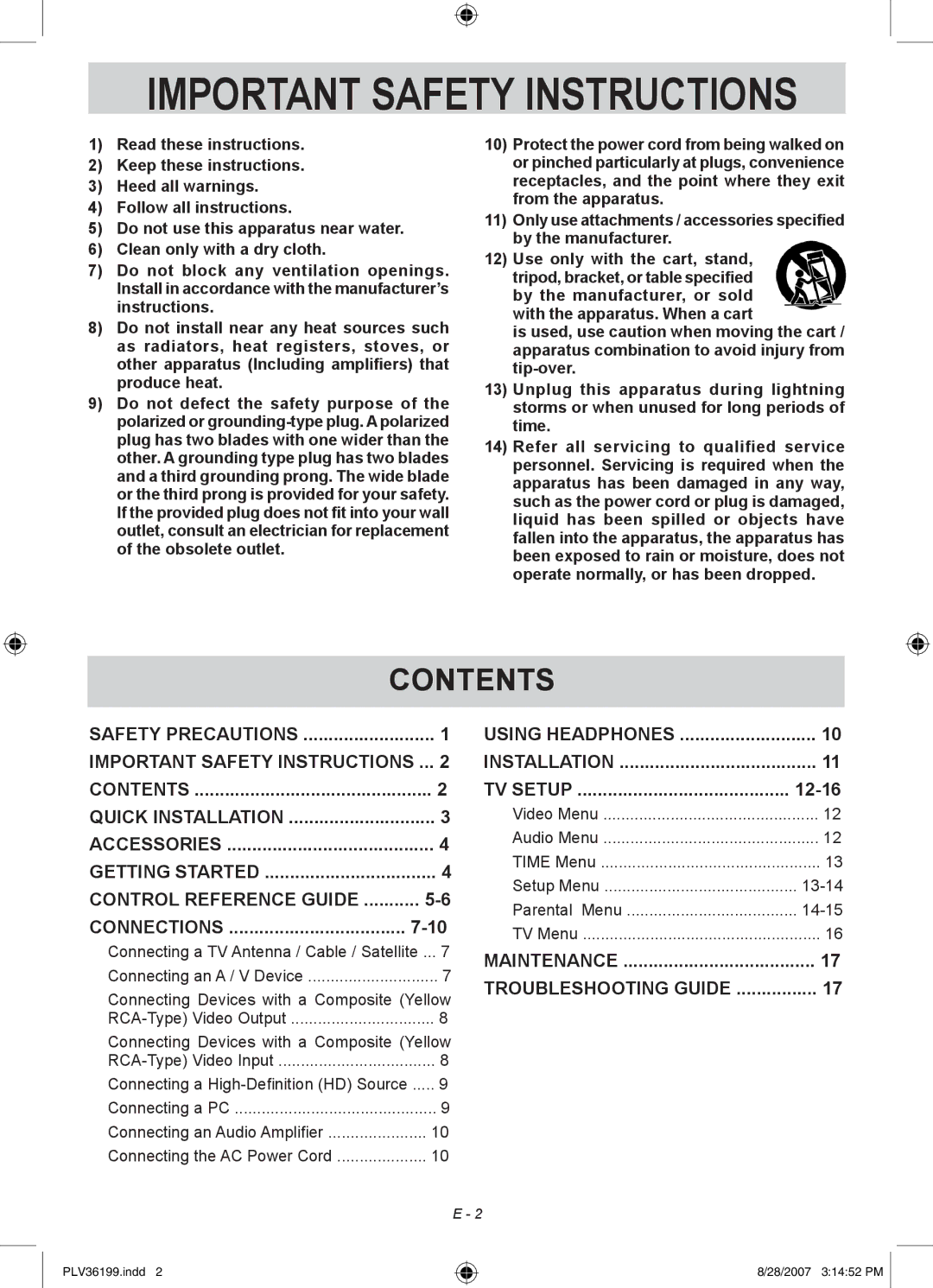 Venturer PLV36199S1 manual Important Safety Instructions, Contents 