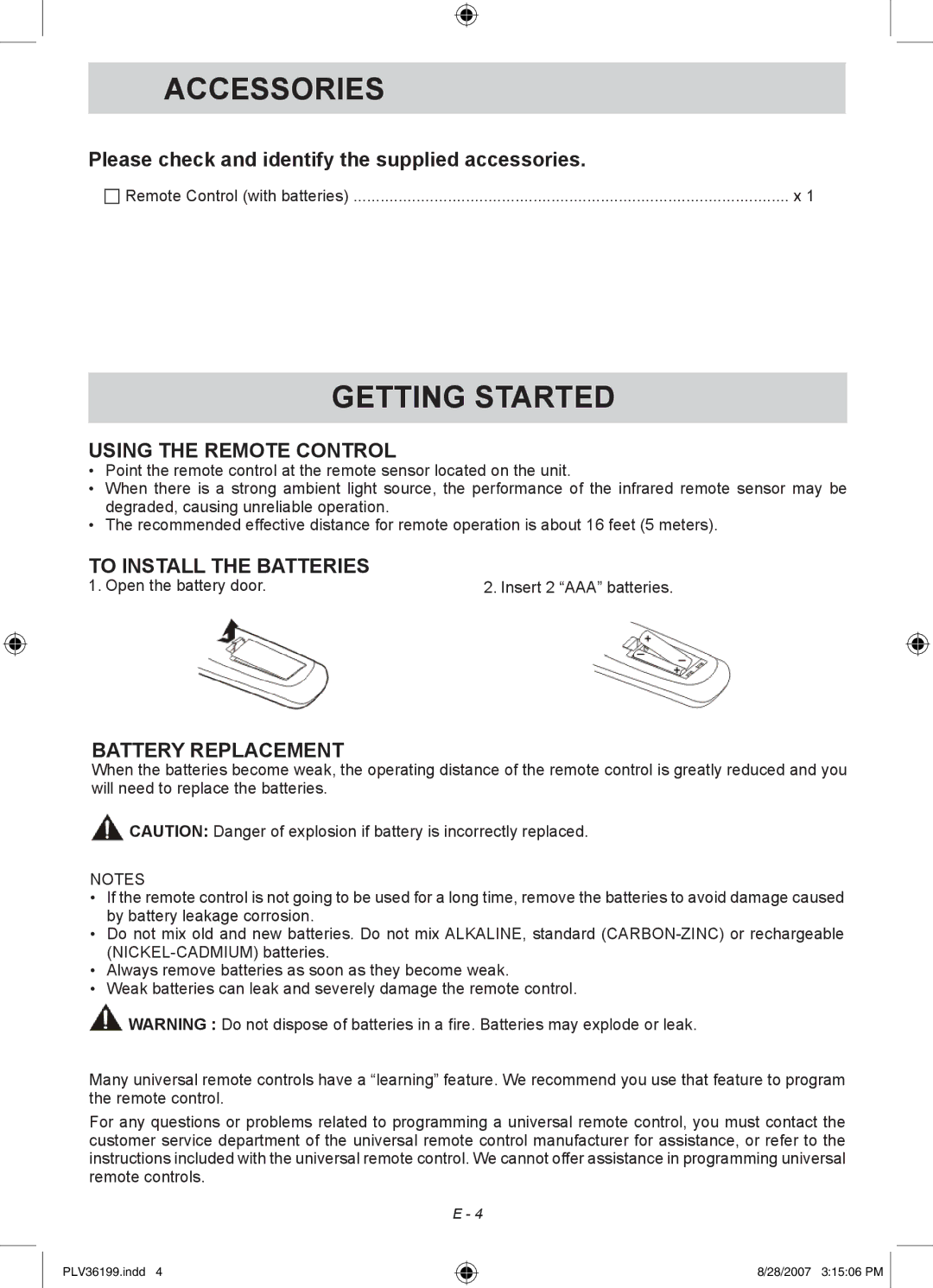 Venturer PLV36199S1 Accessories, Getting Started, Using the Remote Control, To Install the Batteries, Battery Replacement 