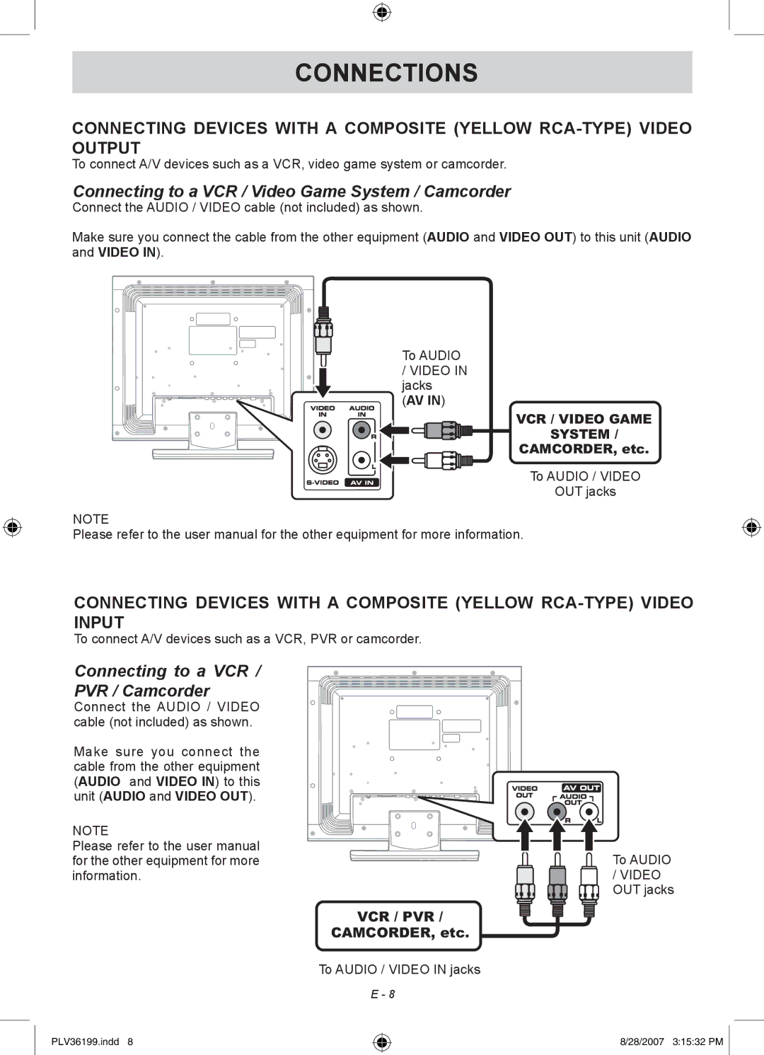 Venturer PLV36199S1 manual Connecting to a VCR / Video Game System / Camcorder, CAMCORDER, etc 