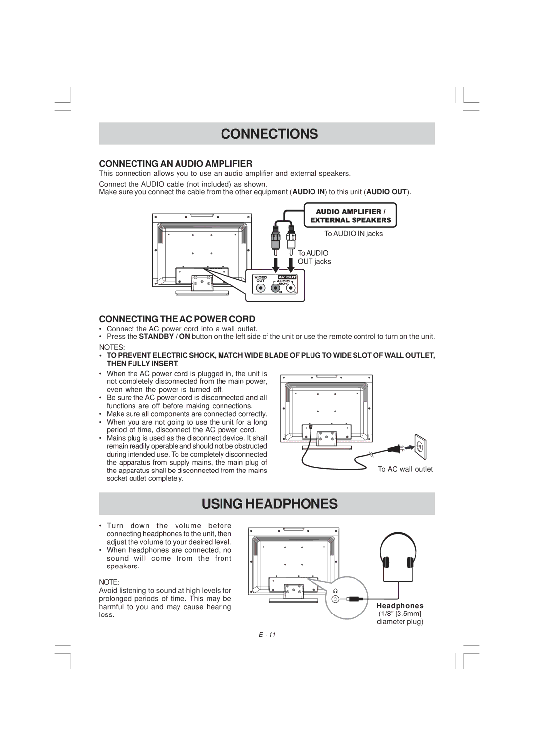 Venturer PLV36220S1 manual Using Headphones, Connecting AN Audio Amplifier, Connecting the AC Power Cord 