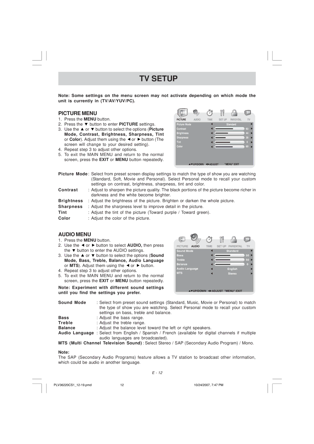 Venturer PLV36220S1 manual TV Setup, Picture Menu, Audio Menu 