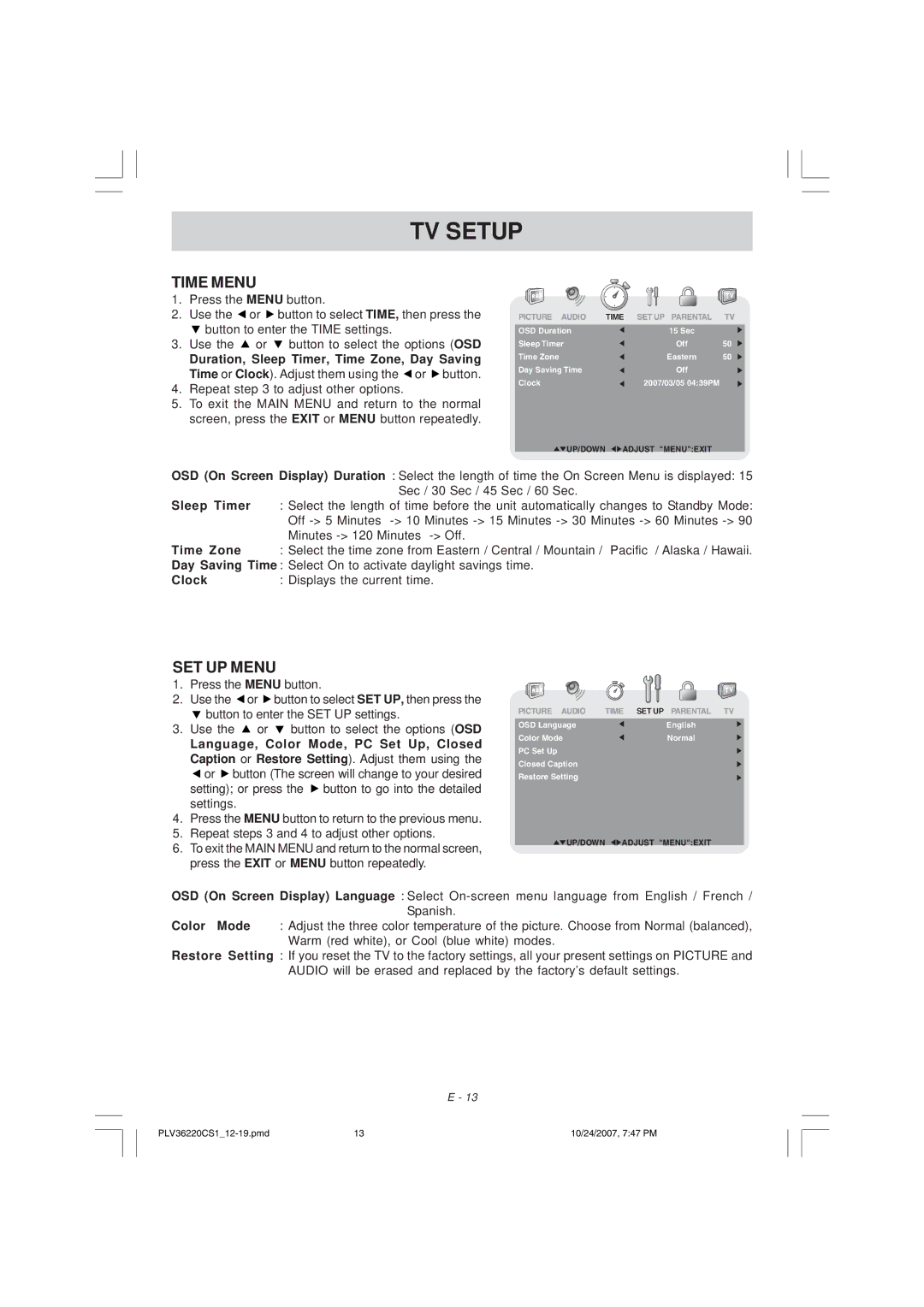 Venturer PLV36220S1 manual Time Menu, SET UP Menu, Sleep Timer, Time Zone, Clock 