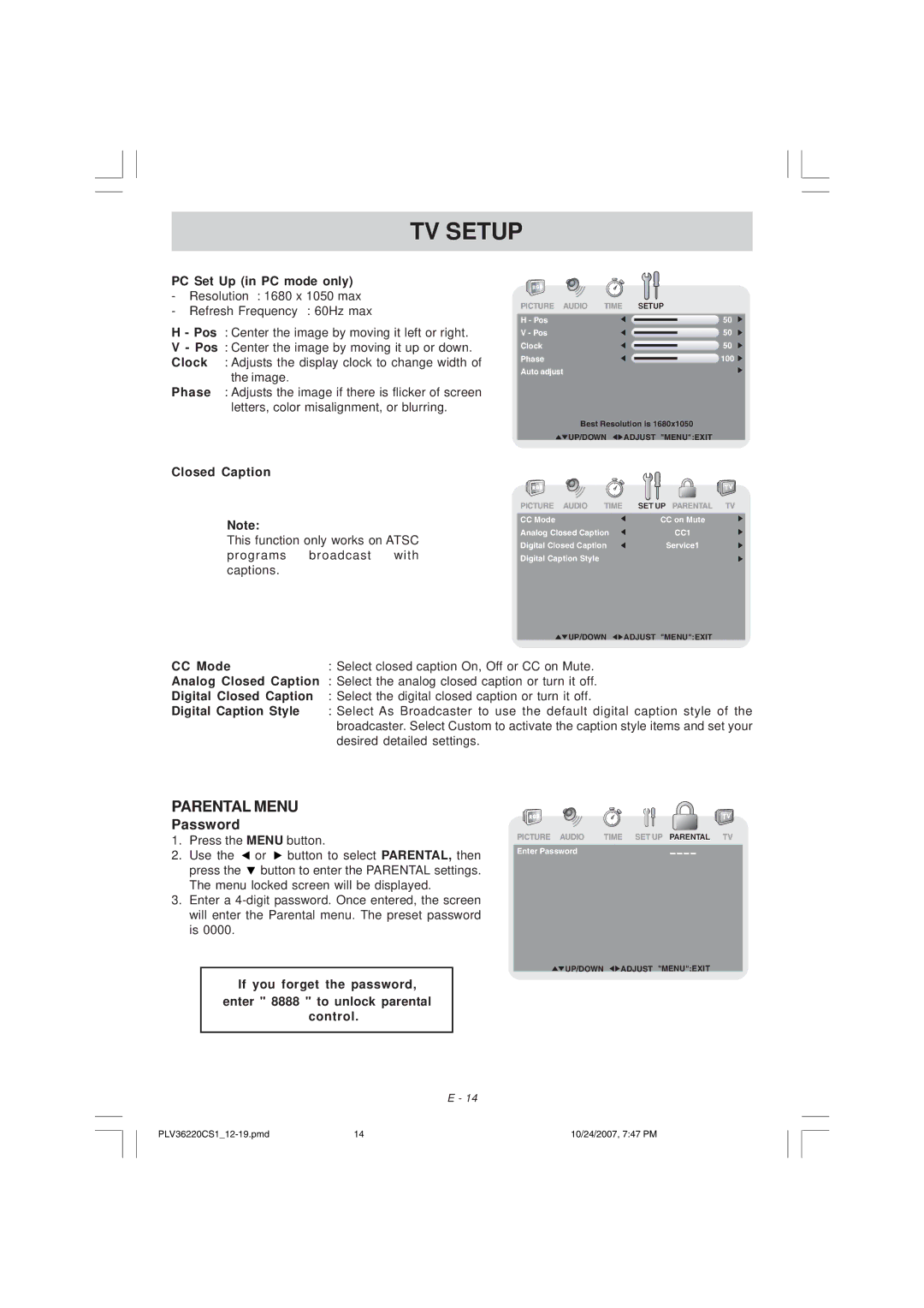 Venturer PLV36220S1 manual Parental Menu 