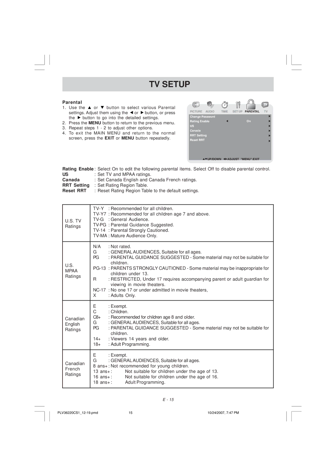 Venturer PLV36220S1 manual Parental, Canada, RRT Setting, Reset RRT 