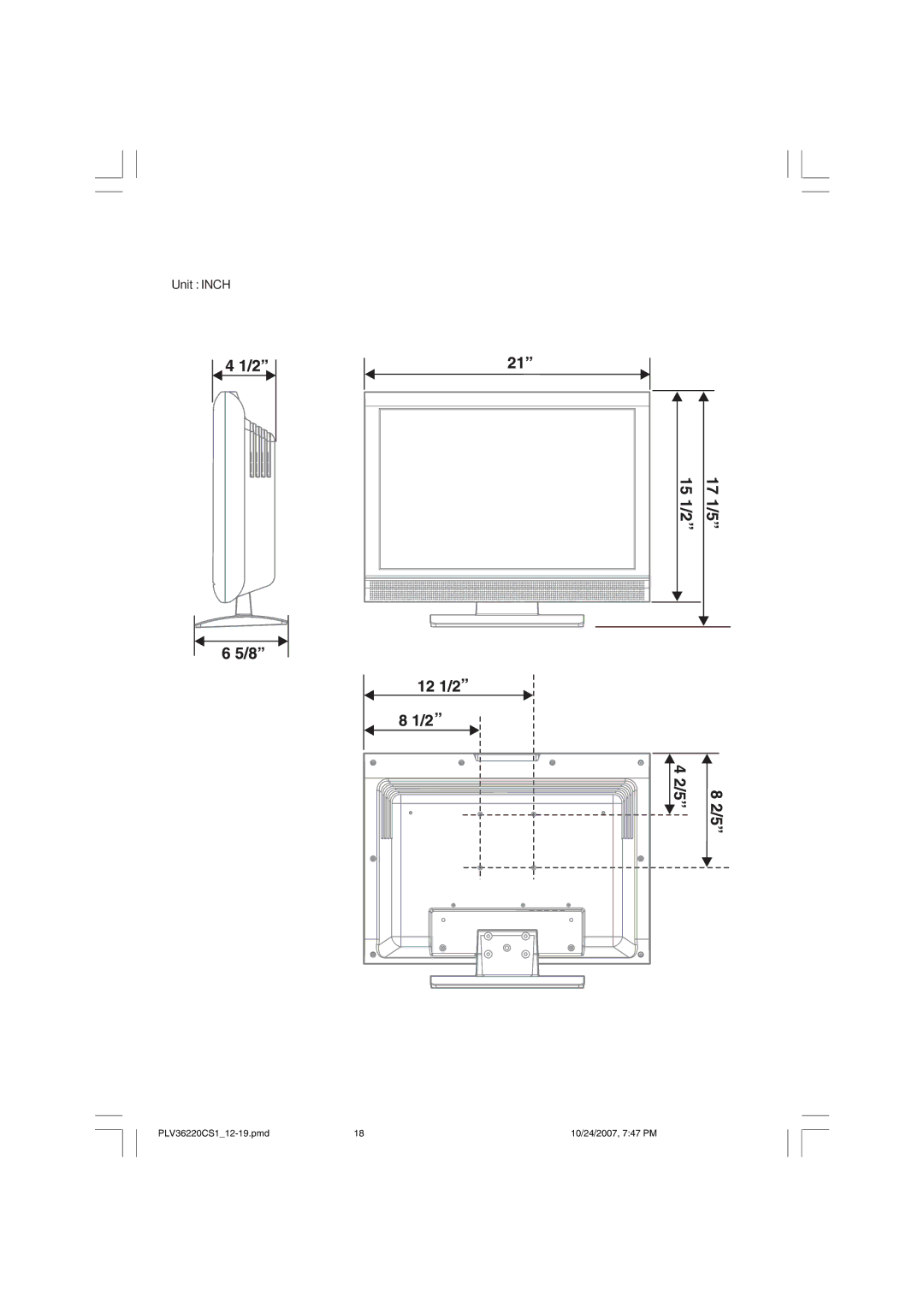 Venturer PLV36220S1 manual Unit Inch 