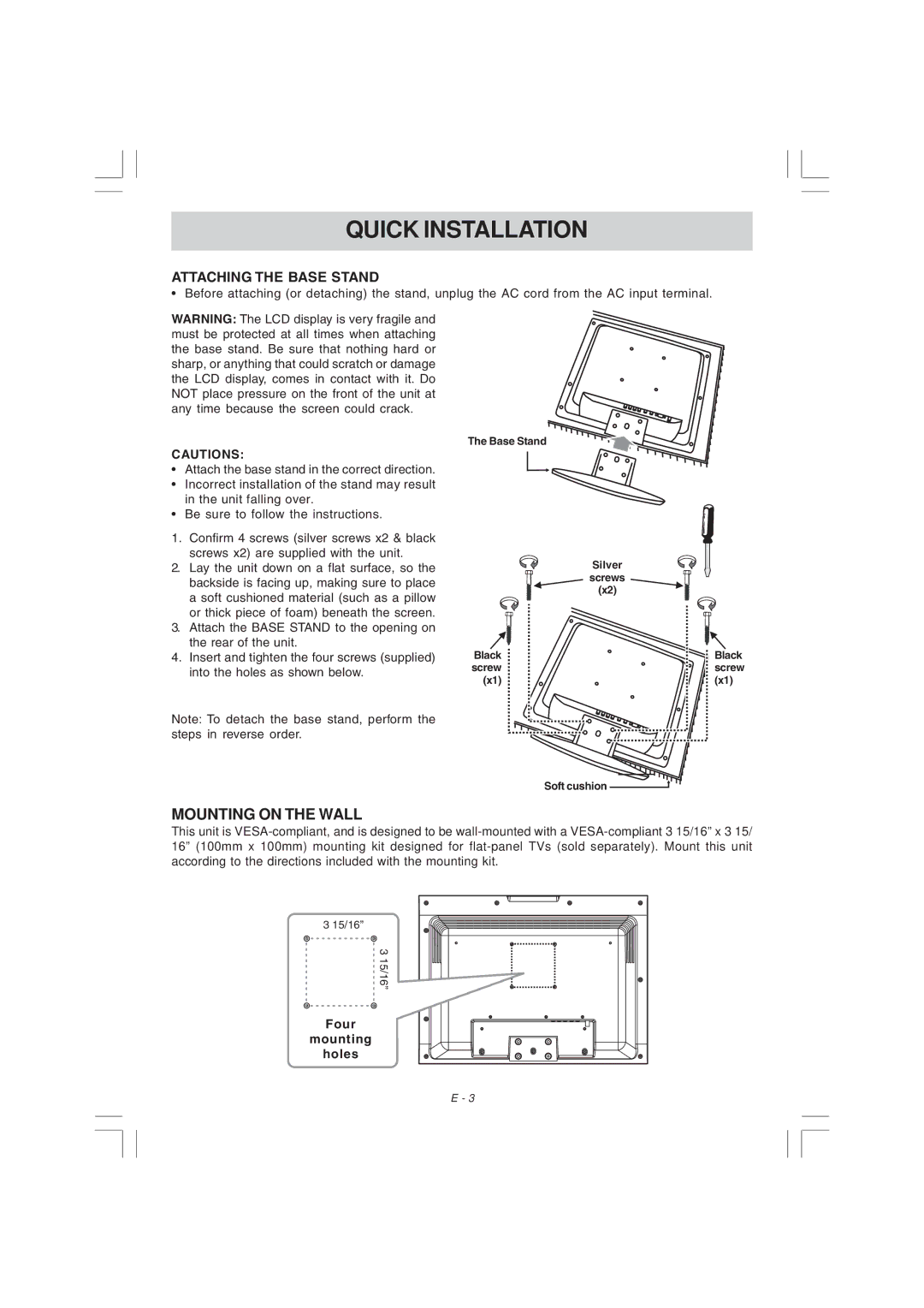 Venturer PLV36220S1 manual Quick Installation, Mounting on the Wall 