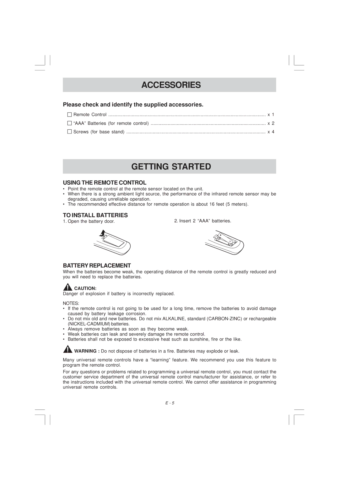 Venturer PLV36220S1 Accessories, Getting Started, Using the Remote Control, To Install Batteries, Battery Replacement 