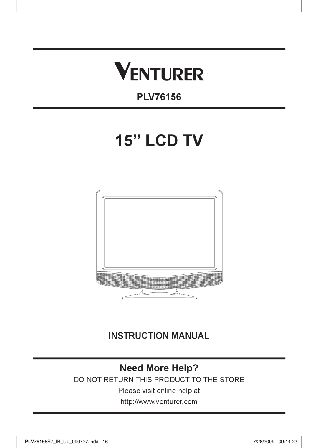 Venturer PLV76156 instruction manual Lcd Tv 