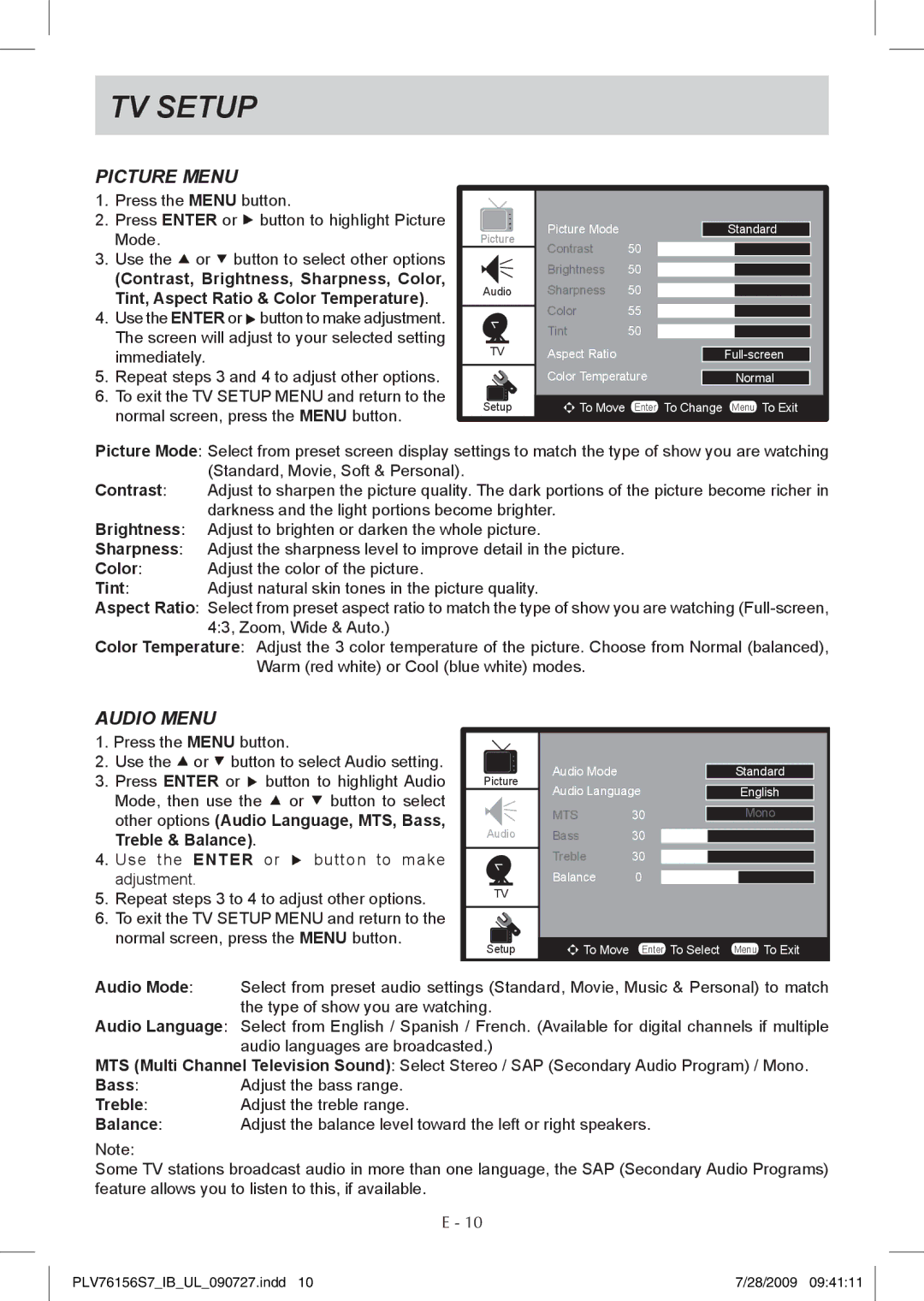 Venturer PLV76156 instruction manual TV Setup, Picture Menu, Audio Menu 