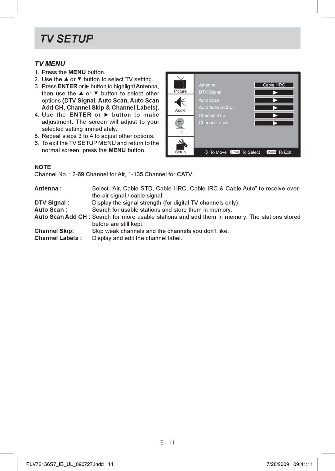 Venturer PLV76156 instruction manual TV Menu 