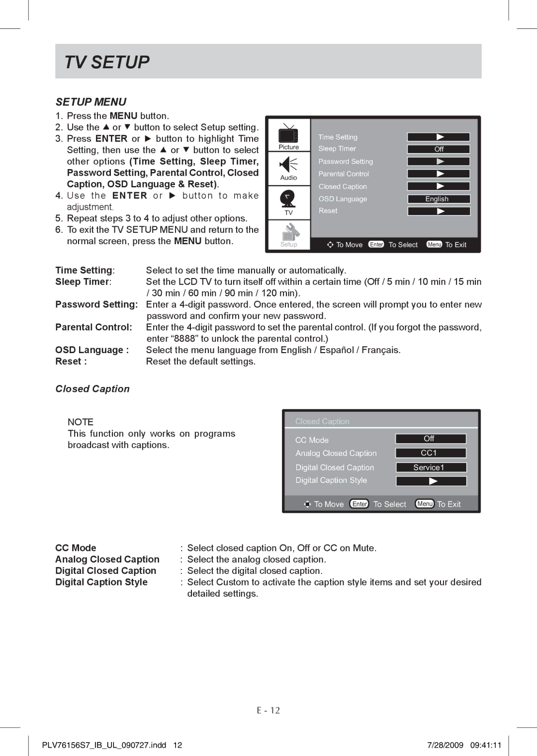 Venturer PLV76156 instruction manual Setup Menu, Closed Caption 