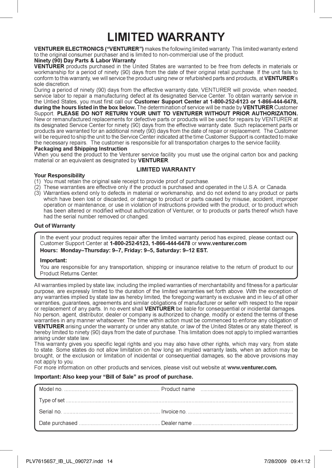 Venturer PLV76156 instruction manual Limited Warranty 