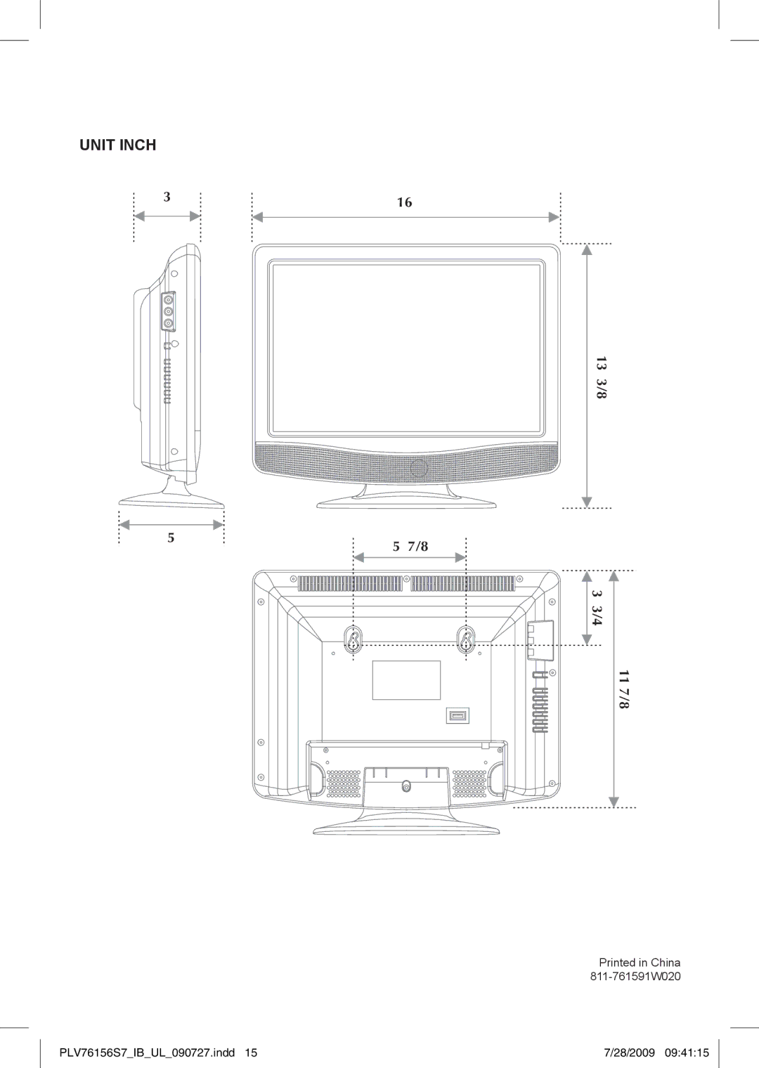 Venturer PLV76156 instruction manual Unit Inch 