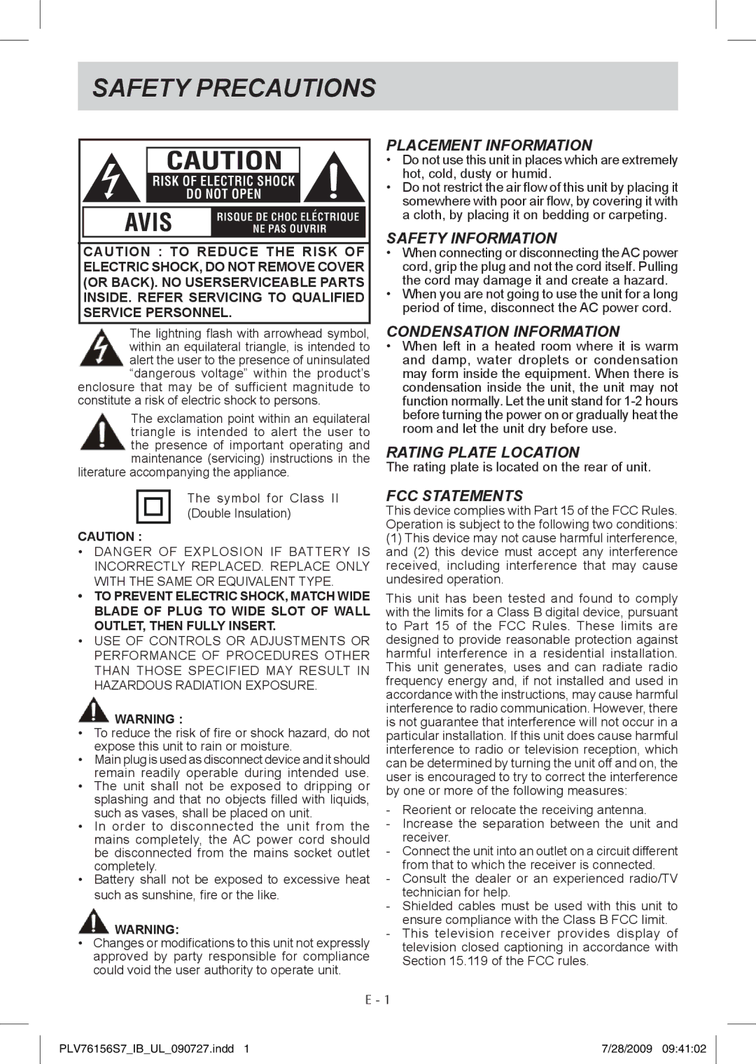 Venturer PLV76156 instruction manual Safety Precautions 