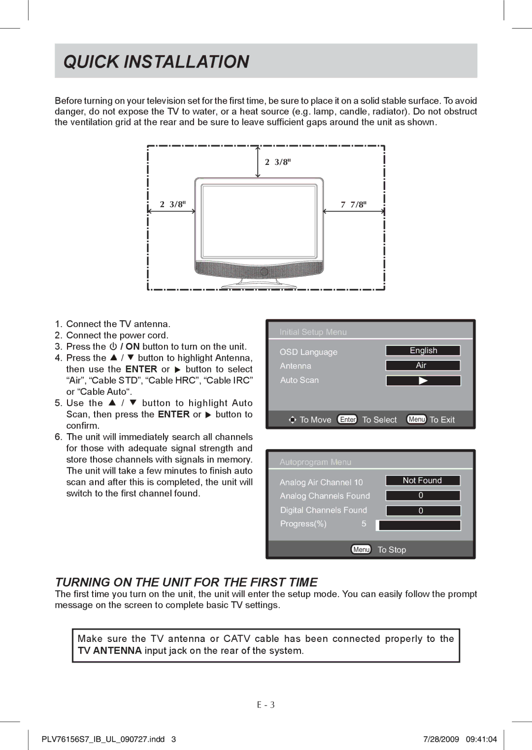 Venturer PLV76156 instruction manual Quick Installation, Turning On the Unit for the first time 