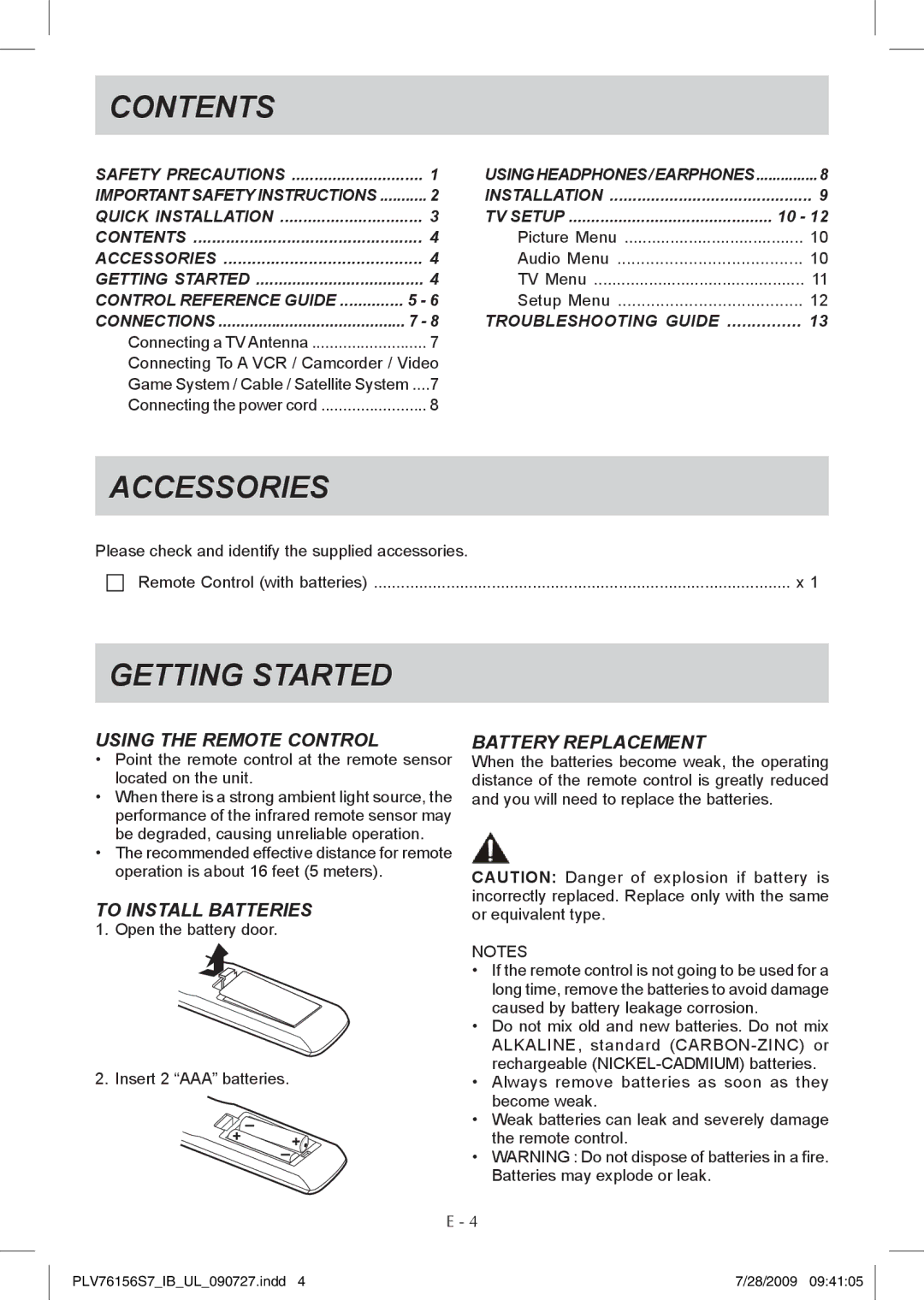 Venturer PLV76156 instruction manual Contents, Accessories, Getting Started 