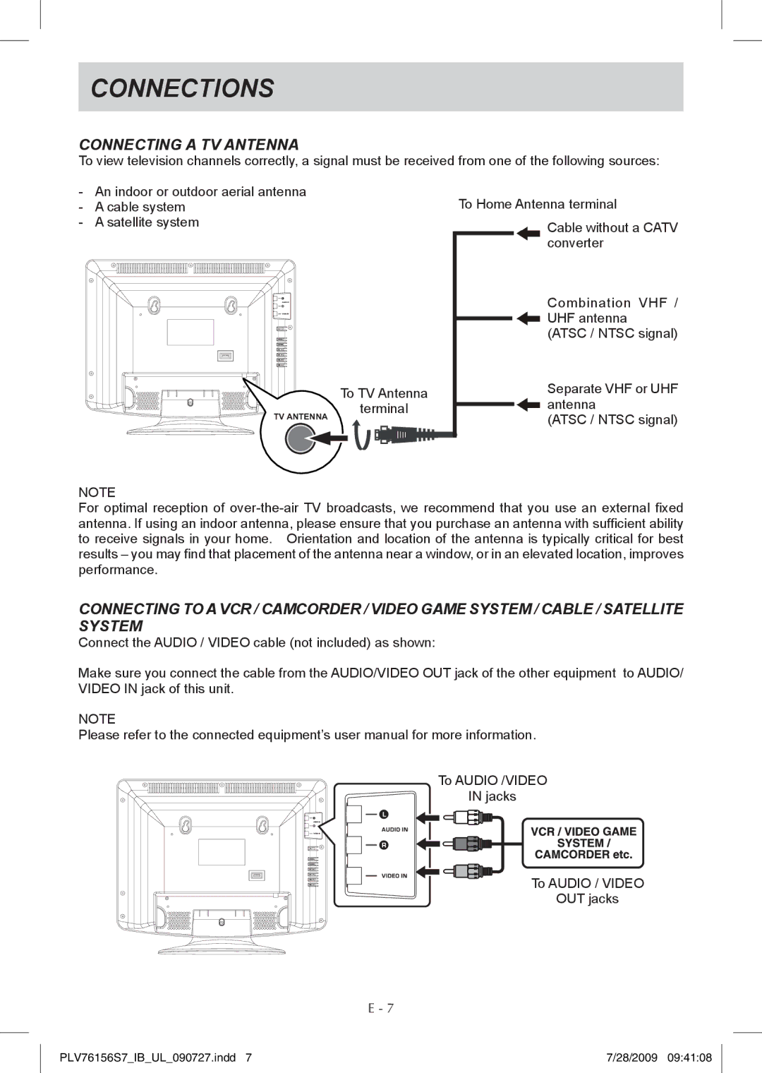 Venturer PLV76156 instruction manual Connections, Connecting a TV Antenna 