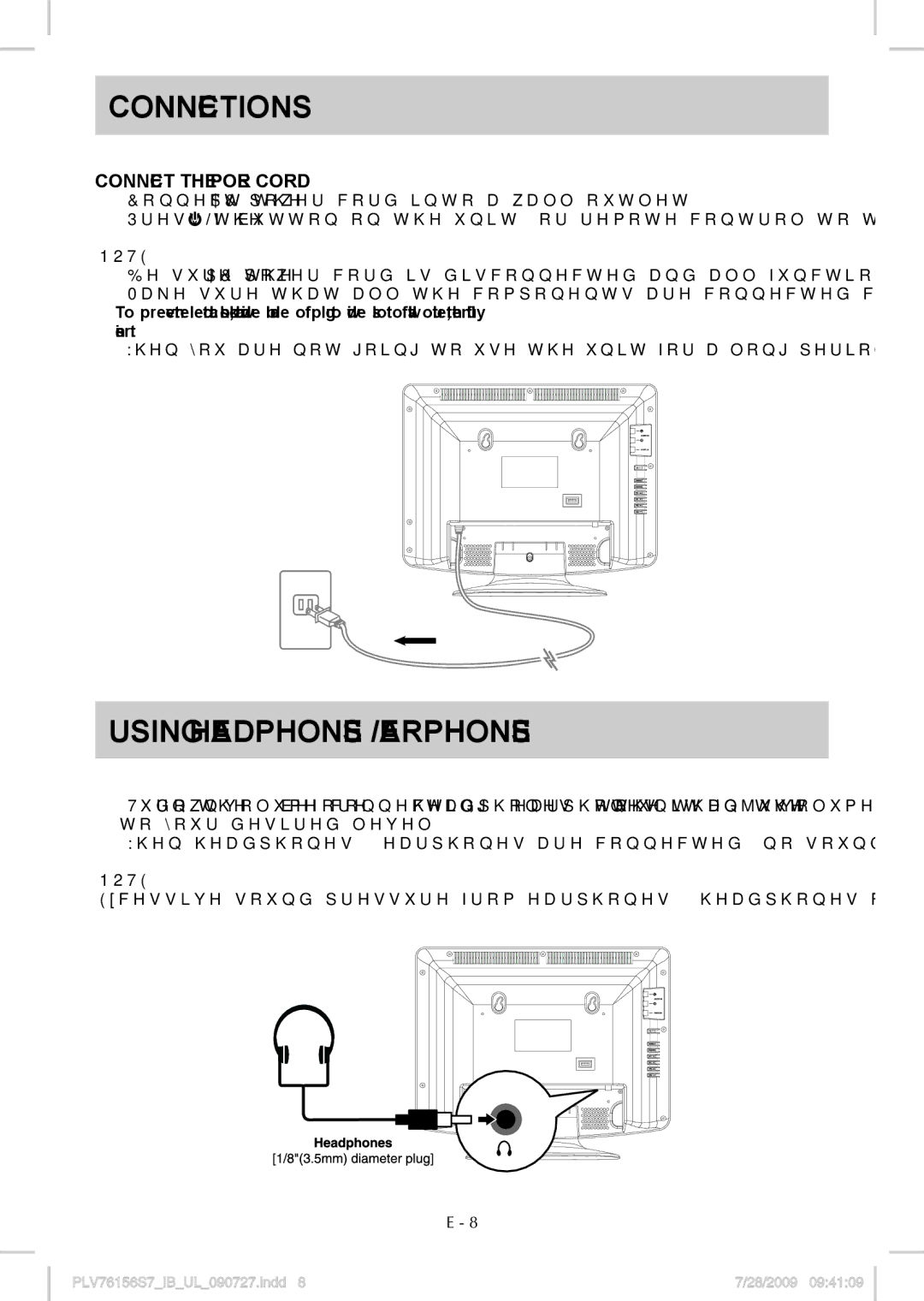 Venturer PLV76156 instruction manual Using Headphones / Earphones, Connect the Power cord 