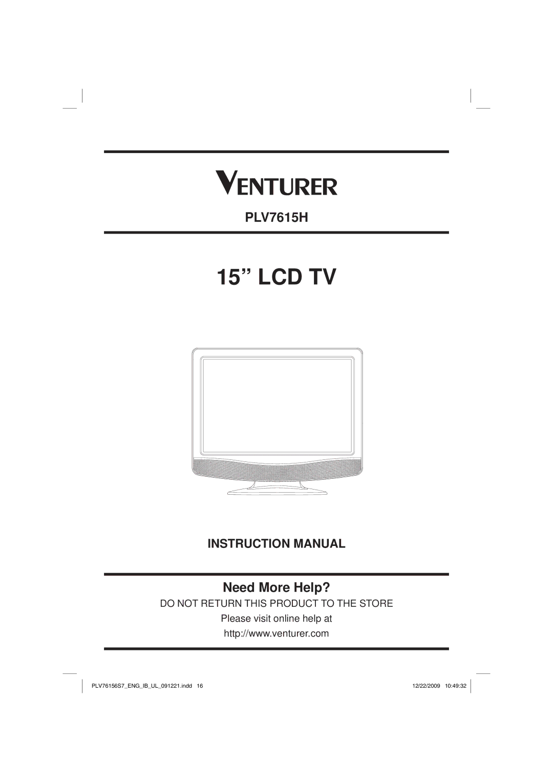 Venturer PLV7615H instruction manual Lcd Tv 