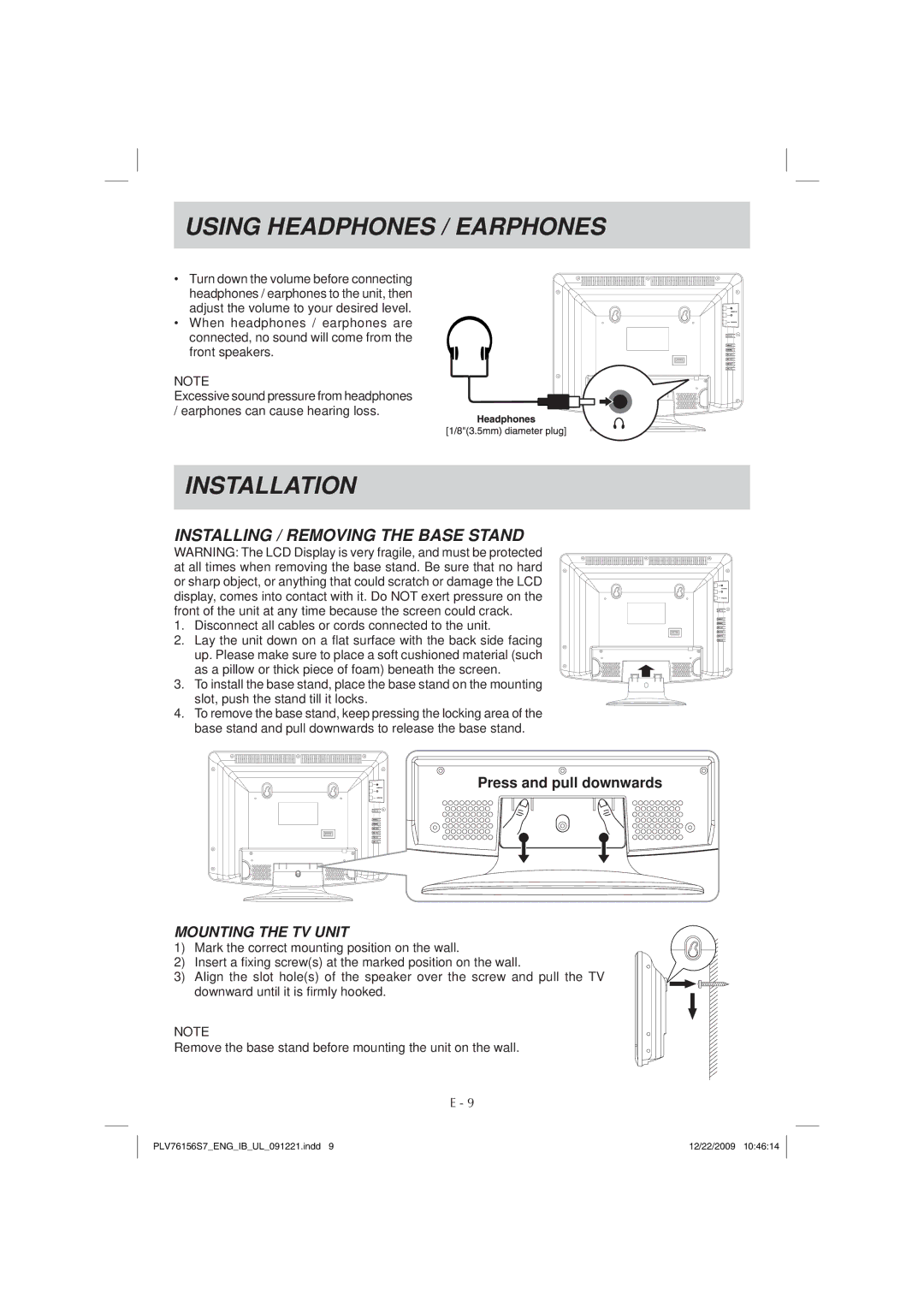 Venturer PLV7615H instruction manual Using Headphones / Earphones, Installation, Mounting the TV Unit 