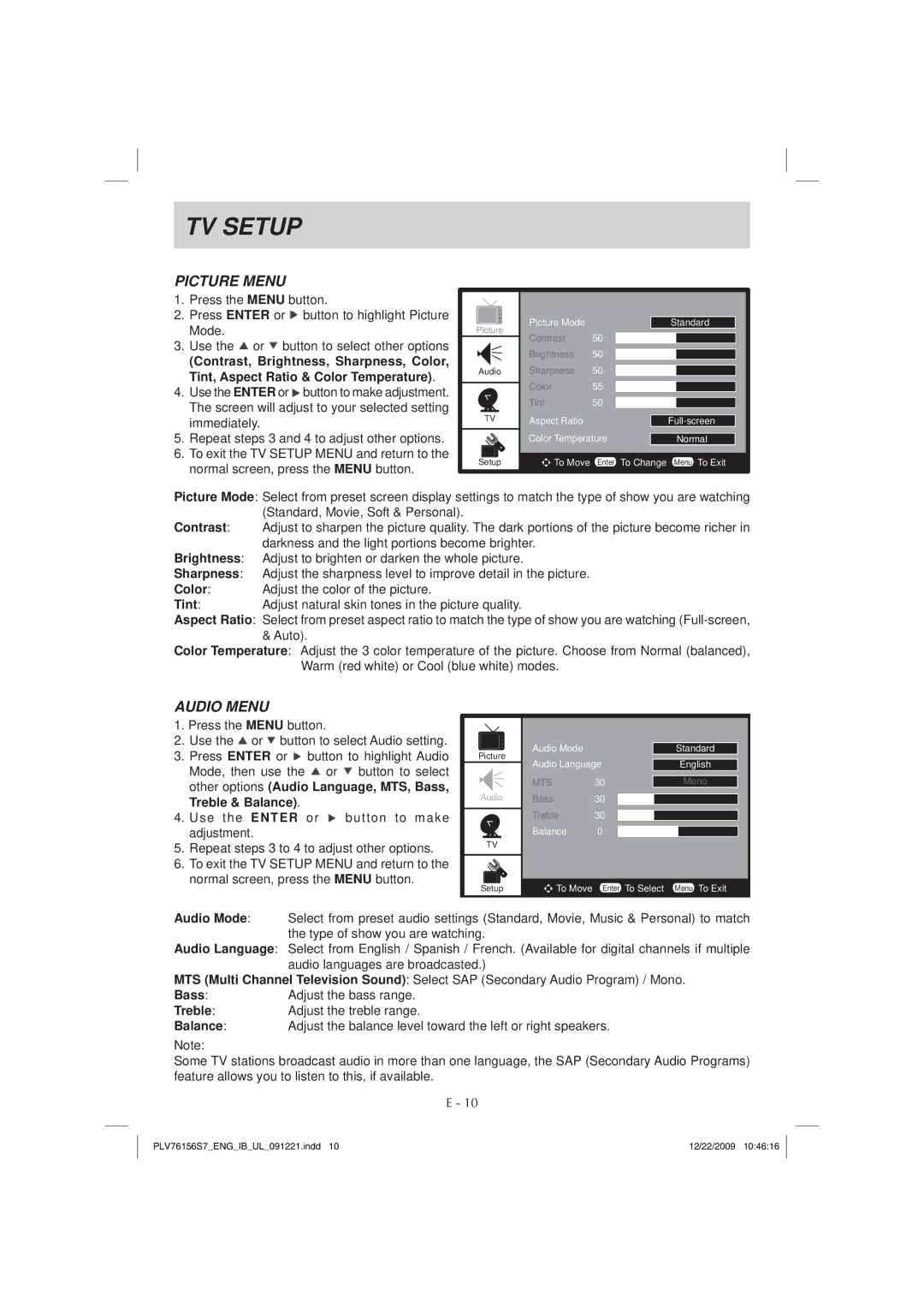 Venturer PLV7615H instruction manual TV Setup, Picture Menu, Audio Menu 