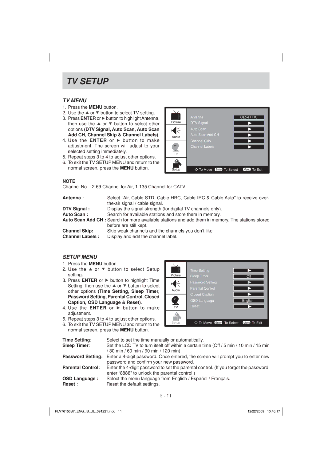 Venturer PLV7615H instruction manual TV Menu, Setup Menu 