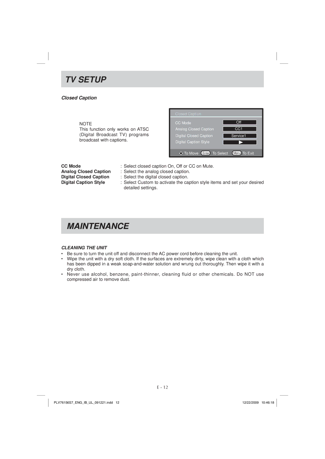 Venturer PLV7615H instruction manual Maintenance, Closed Caption 