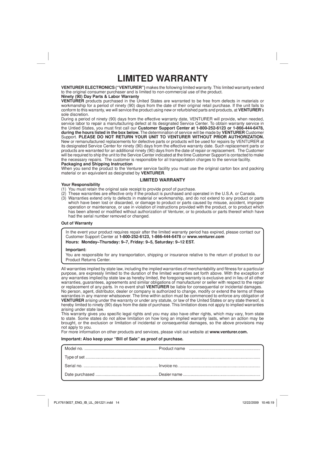 Venturer PLV7615H instruction manual Limited Warranty 