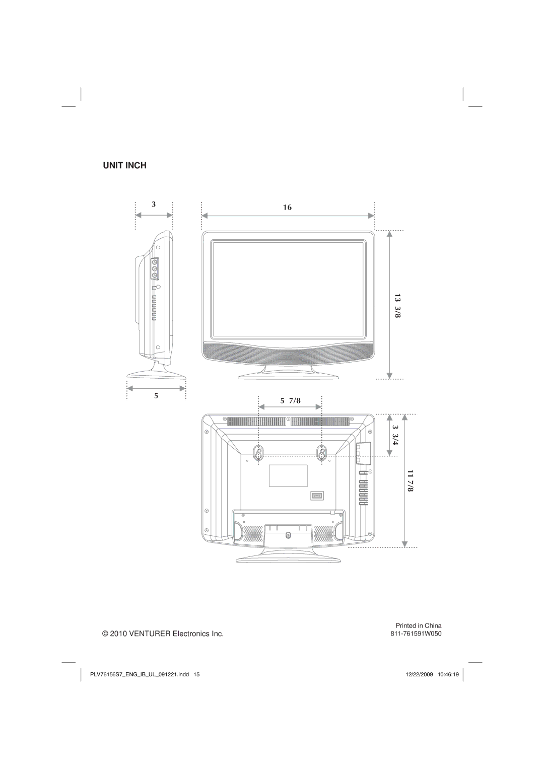 Venturer PLV7615H instruction manual Unit Inch 