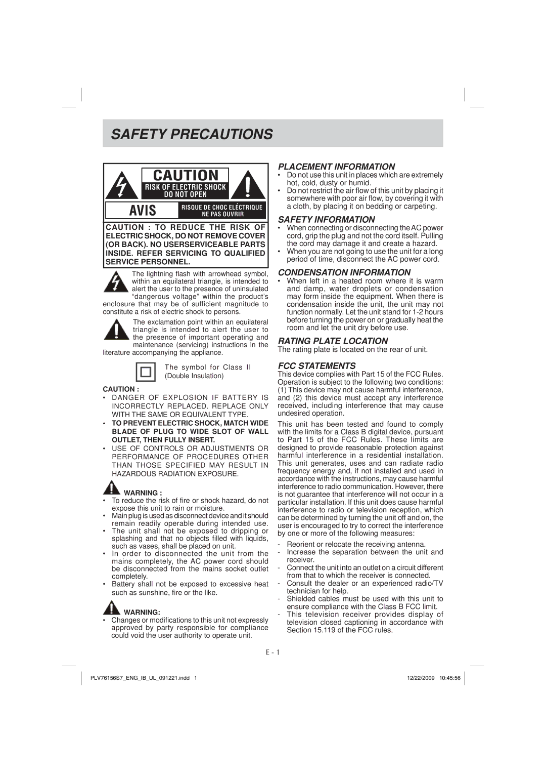 Venturer PLV7615H instruction manual Safety Precautions 