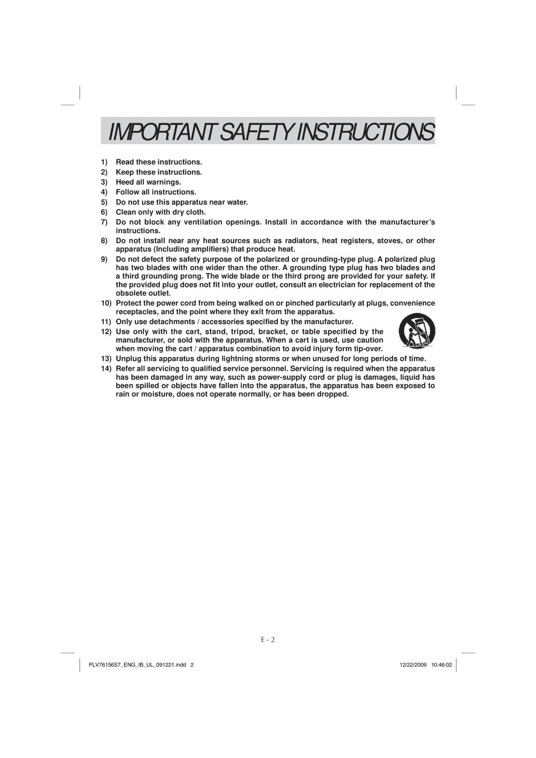 Venturer PLV7615H instruction manual Important Safety Instructions 