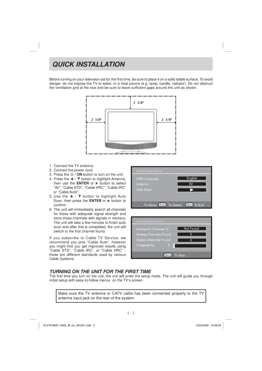 Venturer PLV7615H instruction manual Quick Installation, Turning on the Unit for the First Time 